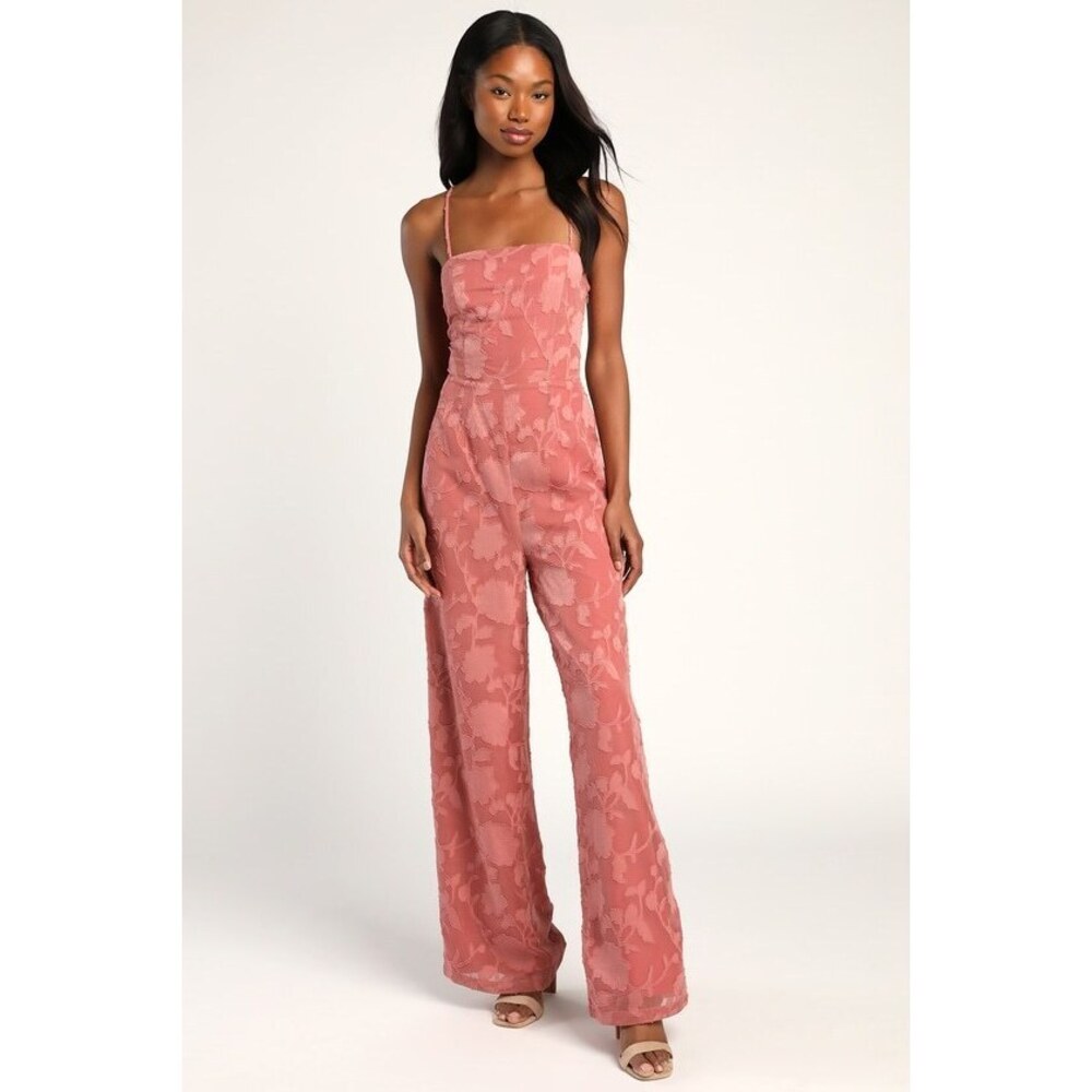Lulus Flower Up Mauve Pink Sleeveless Lace-up Wide-leg Jumpsuit - Size S